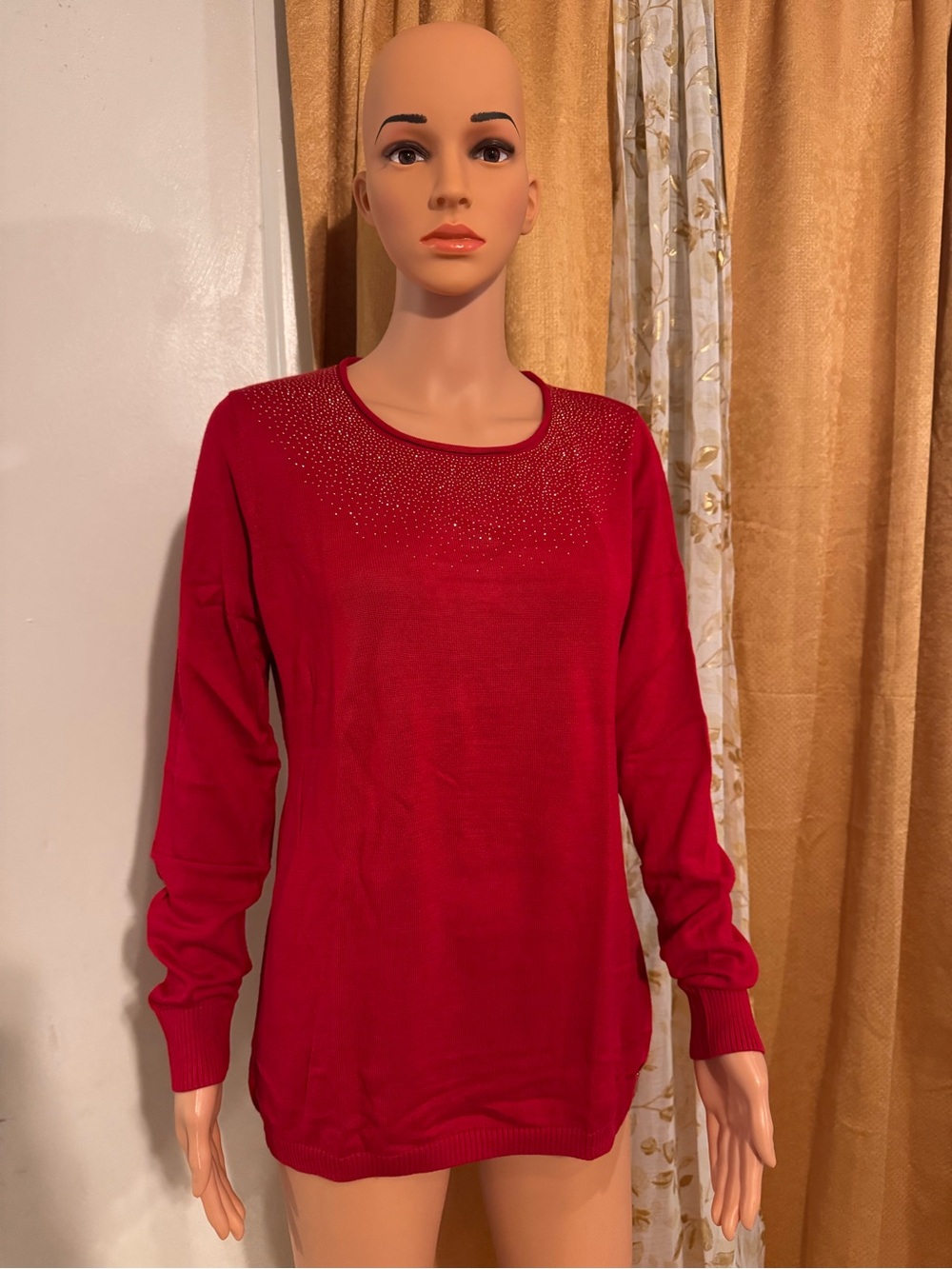 Calvin Klein Red Crewneck Sweater with Rhinestone Detail